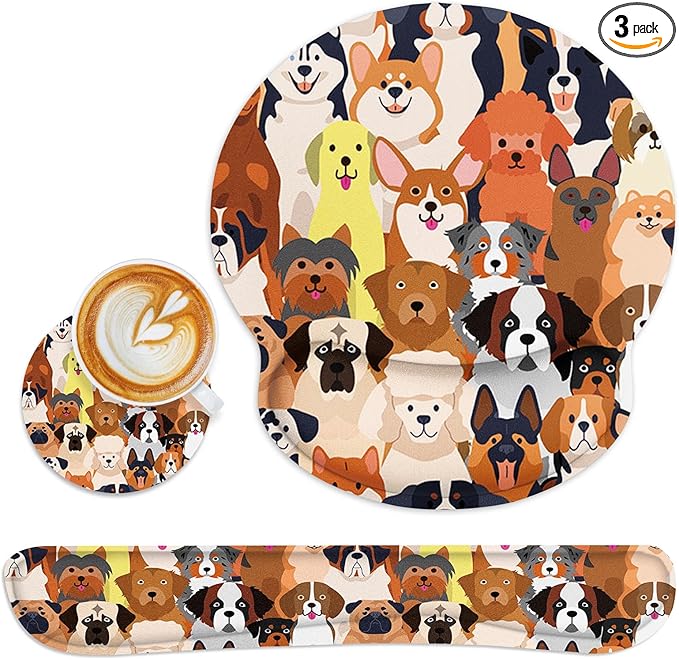 Britimes Ergonomic Mouse Pad Set with Wrist Rest Colorful Doodle Dogs Non-Slip Rubber Base Wrist Cushion Support and Coasters Mousepad with Wrist Support for Computer Keyboard and Desk