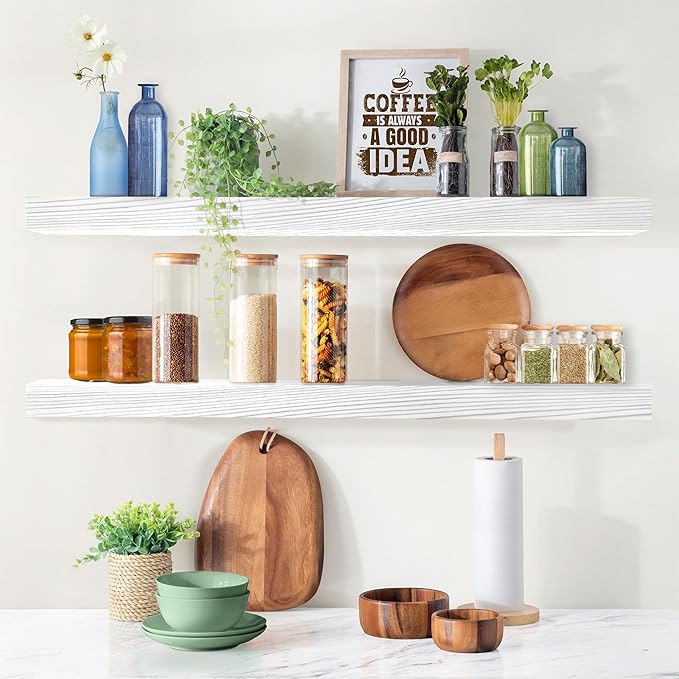 Sorbus Wood Floating Shelves for Wall - 35” Solid Wood Wall Shelves for Bathroom Decor, Books, Bedroom & Living Room - Set of 2 White Wall Mounted Kitchen Shelves - Durable Solid Pine