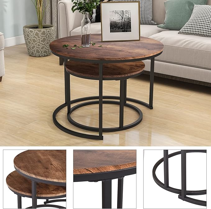 HOJINLINERO Industrial Round Coffee Table Set of 2 End Table for Living Room,Stacking Side Tables, Sturdy and Easy Assembly,Wood Look Accent Furniture with Metal Frame,Black+Rustic Brown