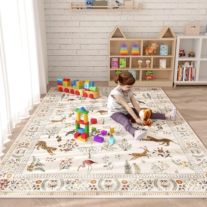 Rugcomf Living Room Rug 6x9 Rug Machine Washable Boho Area Rug Non Slip Floral Animal Vintage Low Pile Large Rug for Living Room, Bedroom, Farmhouse, Dining Room, Kids Playroom (Beige)