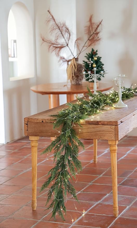 6ft Handmade Christmas Garland,Cedar Artificial Greenery with LED String Lights,Seasonal Garland for Fireplace Indoor Outdoor Winter Holiday Decoration