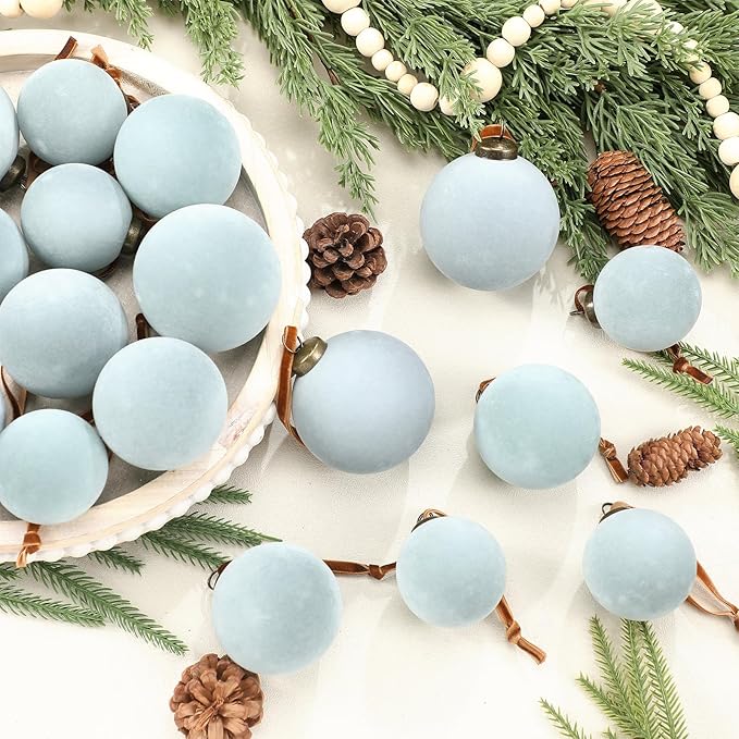 36 Pcs Velvet Christmas Balls Bulk - Flocked Christmas Tree Ball Ornaments Hanging Decoration for Xmas Tree, Wreath, Home or Party Decorations, 2.36", 2.76", 3.15"(Gray Blue)
