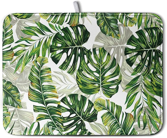 Tropical Palm Leaves Dish Drying Mat for Dishes 16x18 Inch Spring Green Monstera Leaf Drying Mat Watercolor Herbs Dish Drainer Mat Super Absorbent Dish Rack Pad for Coffee Bar Sinks
