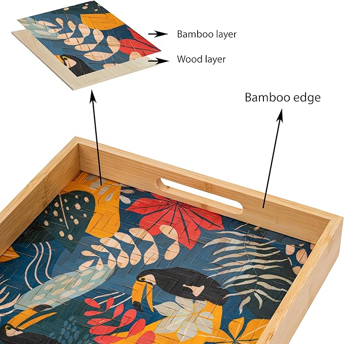 PEMAR 12.2" Square Bamboo Art Decor Tray with Handle, Food Drink Serving Tray for Breakfast Lap Bed Eating. Pattern Printed on Bamboo. Decorative Catchall Coffee Table Entryway Nightstand (Toucan)