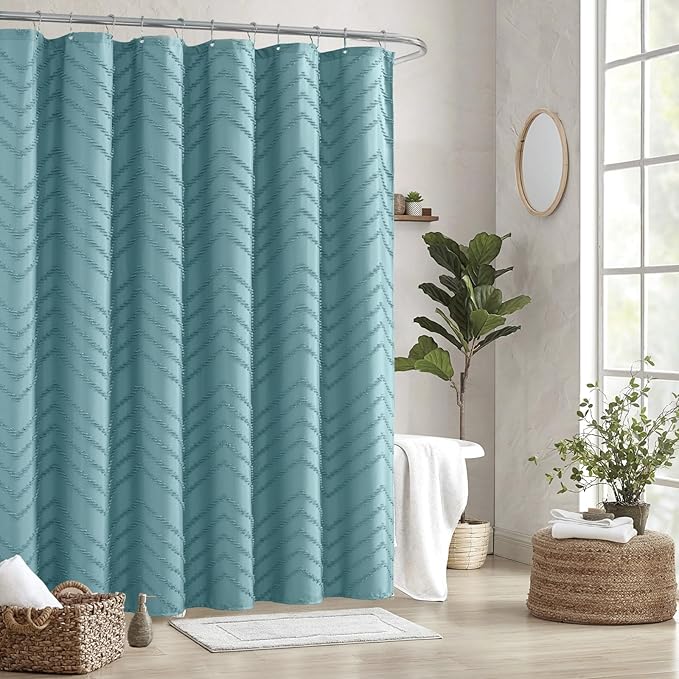 78inches Long Teal Shower Curtain Boho Farmhouse Shower Curtain 72 x 78 Tufted Chevron Textured Minimalist Shower Curtains for Bathroom