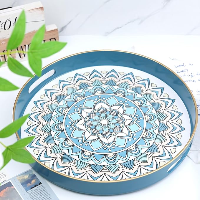 Round Cyan Decorative Tray for Coffee Table, Ottoman, 13” Plastic Serving Platter Tray with Handles for Entertaining, Living Room