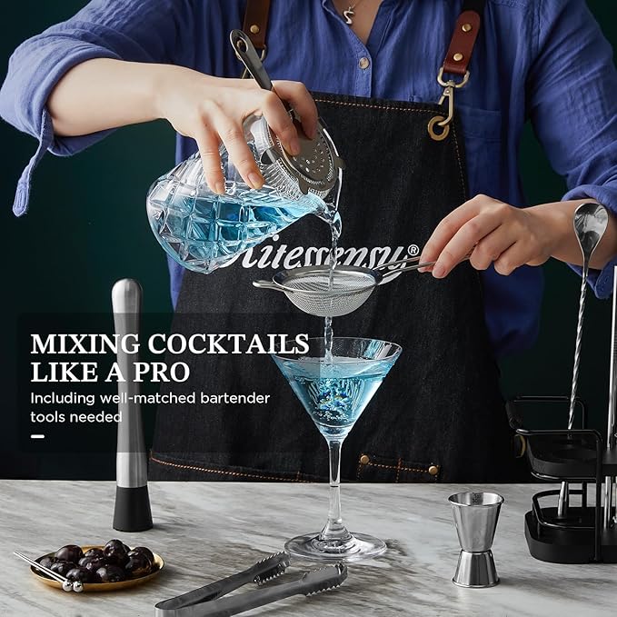 KITESSENSU Cocktail Shaker Set Bartender Kit with Stand | Complete 24-Piece Bar Set Cocktail Kit with All Bar Accessories: Martini Shaker, Jigger, Muddler | Drink Mixer Set for Home Bar Cocktails