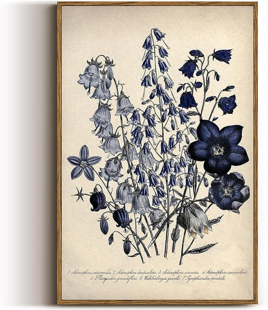 VIYYIEA Vintage Framed Botanical Wall Art Decor, Living Room Bedroom Blue Campanula Pictures Retro Wall Decor, Framed Canvas Prints Artwork, Farmhouse Flower Paintings,16x24 Inch