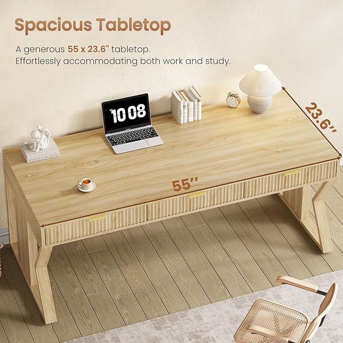 SEDETA 55" Executive Office Desk with 3 Drawers, Home Office Desk with Storage Drawers, Computer Writing Desk Study Table, Natural Oak