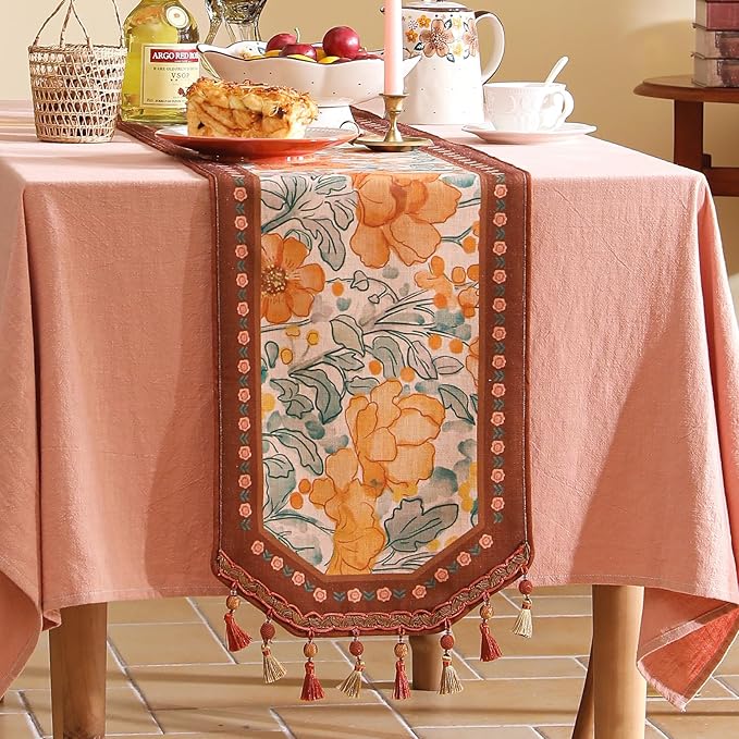 Designer Vintage Orange Floral Table Runner,French Soft Linen Farmhouse Table Runners 71 Inches Long,Decor Tabletop for Kitchen,Dining,Tea Party,Home,Christmas,12"*71"