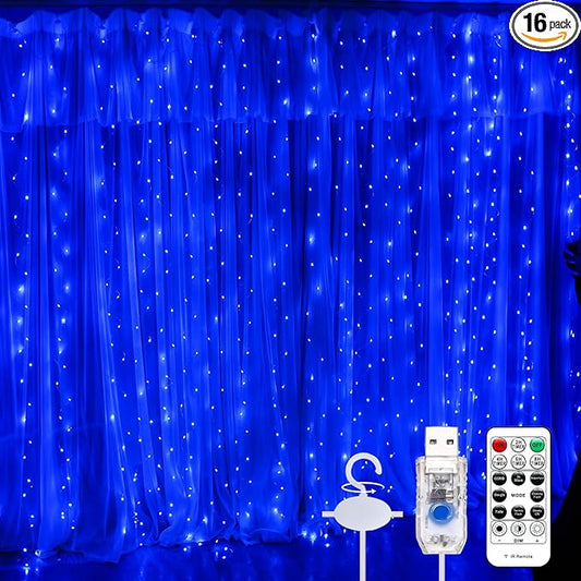 Curtain Light, 9.8ft x 9.8ft Copper Wire String Lights, USB Powered Hanging Window Fairy Lights, 8 Lighting Modes, Remote Control for Home Christmas Wedding Party (Blue)