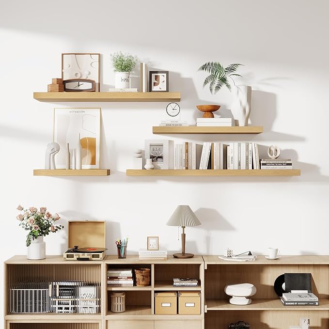 36 Inch Floating Shelves, 12 Inch Deep Floating Shelves for Wall, Floating Shelf with Invisible Brackets, Deep Shelves for Bathroom, Bedroom, Living Room, 2 Pack, Natural