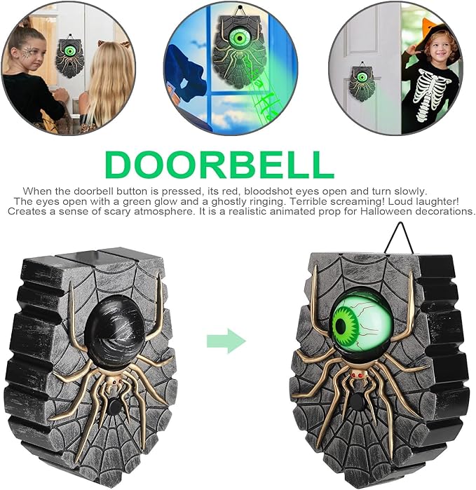 Halloween Doorbell, Animated Eyeball Halloween Decor with Spooky Sounds, Trick or Treat Event for Kids, Haunted House Party Prop Decoration (Silver)