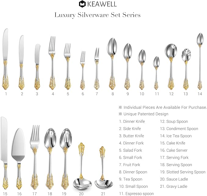 KEAWELL Luxury 20 Pieces 18/10 Stainless Steel Flatware set, Service for 4, silver plated with gold accents, Fine Silverware set and Dishwasher Safe (Gold Accent)