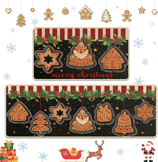 Christmas Gingerbread Kitchen Rugs and Mats Non Skid Washable Set of 2, Peppermint Candy Cookies Xmas Kitchen Mats for Floor Decor