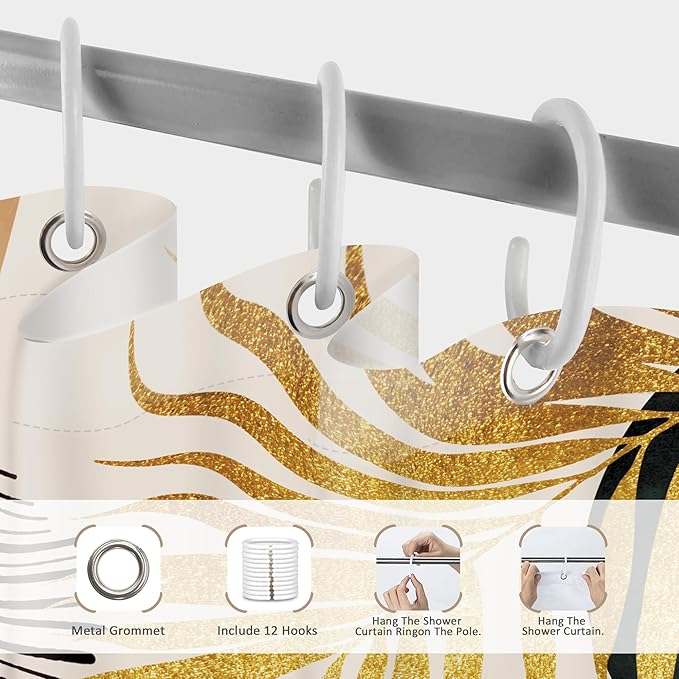 Glawry Boho Green Gold Shower Curtain Mid Century Tropical Palm Leaf Abstract Arch Bohemian Plant Botanical Bathroom Minimalist 60Wx72L Inches Bath Accessories Art Home Decor Fabric 12 Pack Hook