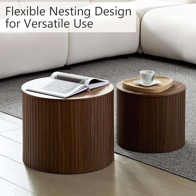 Round Storage Side Table Set of 2, Nesting Coffee Tables with Hidden Storage, Modern Wood Accent End Table for Living Room, Bedroom, Small Space, Minimalist Bedside Table, No Assembly(Walnut)