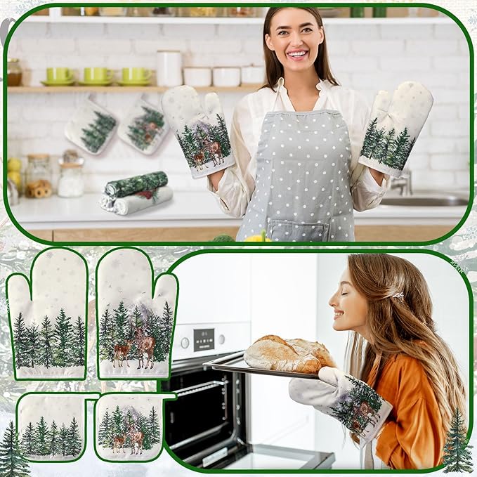 10 Pcs Christmas Kitchen Decor Set Kitchen Towels and Rugs Oven Mitts Pot Holders Absorbent Towels for Baking Cooking BBQ Gifts Home Decor(Khaki,Wonderland)