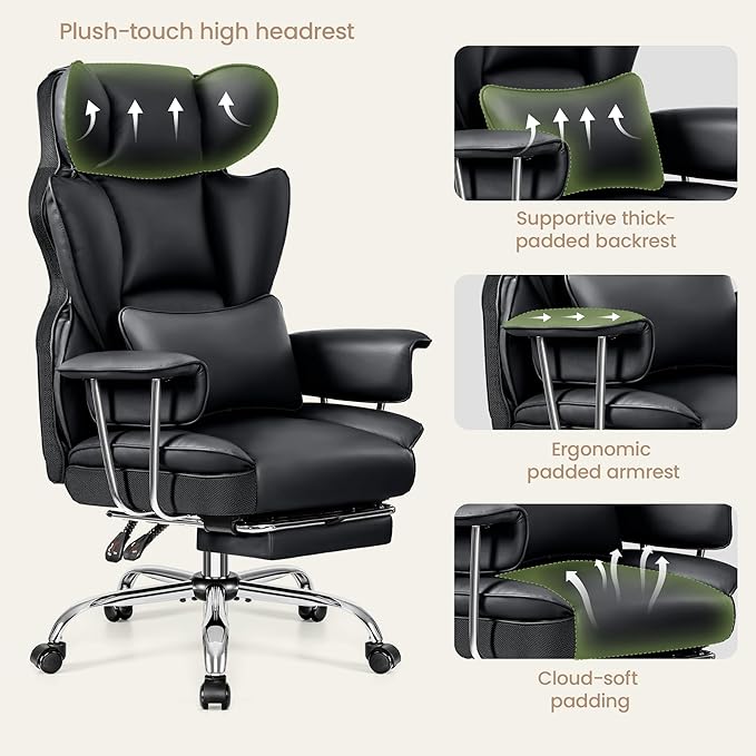 Desk Office Chair 400LBS, Executive Chair High Back Desk Chair with Footrest, Big and Tall Office Chairs with Lumbar Support, Black