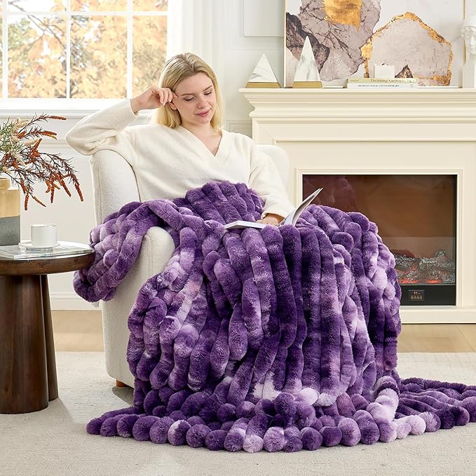 Cozy Bliss Faux Fur Throw Blanket for Couch, Cozy Warm Plush Striped Blanket for Sofa Bedroom Living Room, 60 * 80 Inches Tie-dye Purple