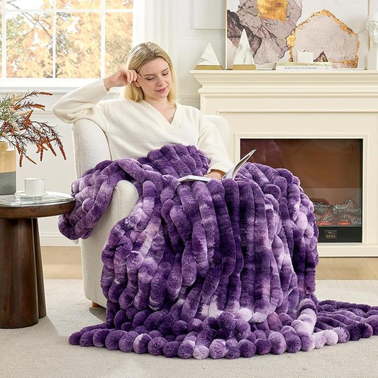 Cozy Bliss Faux Fur Throw Blanket for Couch, Cozy Warm Plush Striped Blanket for Sofa Bedroom Living Room, 60 * 80 Inches Tie-dye Purple