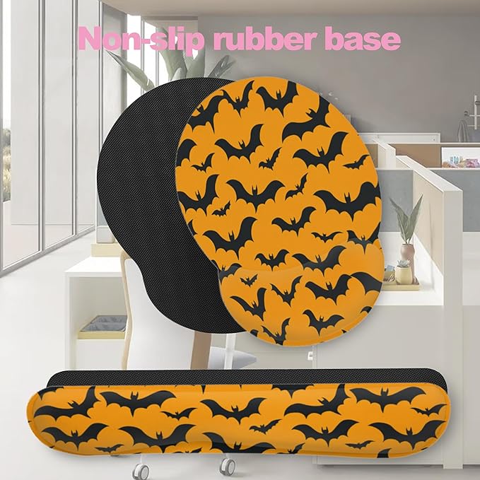 Halloween Bat Ergonomic Wrist Support Keyboard Mouse Wrist Rest Set, Computer Office Comfortable Wrist Rest for Mouse Easy Typing
