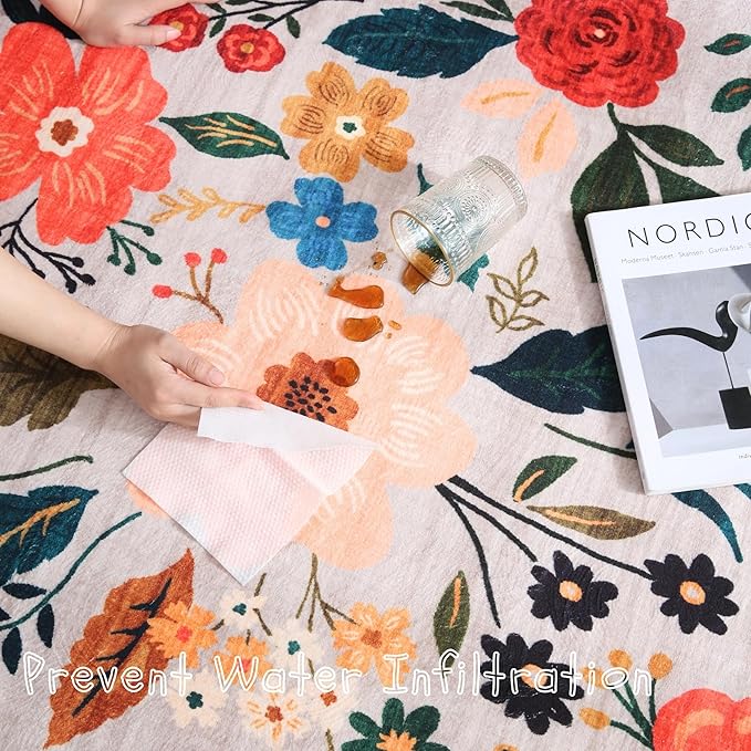 Rugcomf Living Room Rug 6x9 Rug Machine Washable Boho Area Rug Non Slip Floral Vintage Low Pile Large Rug for Living Room, Bedroom, Farmhouse, Dining Room, Kids Playroom(Beige)