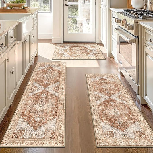 Yamaziot Boho Washable Kitchen Rugs Sets of 3, Non Slip Kitchen Mats for Floor with Rubber Backing, Waterproof & Stain Resistant Thick Carpet Runner Throw Rugs for Kitchen, Laundry Room, Hallway