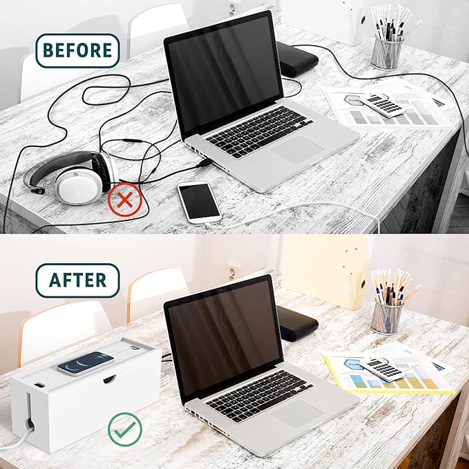 Bamboo Cable Management Box, Large Cord Organizer Box Cable Box to Hide Wires & Power Strips for Desktop Storage Cord Holder for Office Home,No Assembley Required (All White, Large)