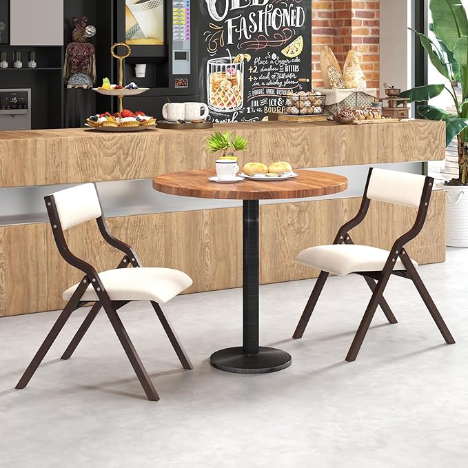 Giantex Folding Dining Chairs Set of 2, No Assembly Required with Linen Padded Seats, Wooden Foldable Kitchen & Party Chairs, Easy to Store for Extra Events