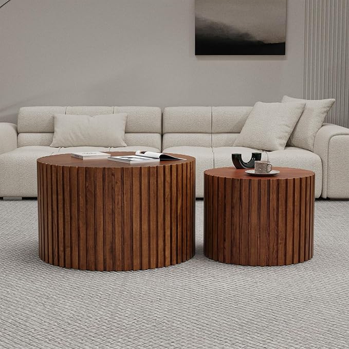 Nesting Coffee Tables Set of 2 Wooden Round Coffee Table Circle Nesting Table Space-Saving Design Modern Coffee Table Round Accent Tables Set for Living Room Bedroom Office (Brown B D27.5+D19.7“)