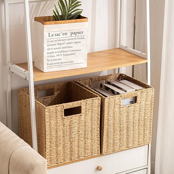 Foldable Storage Baskets with Handles Paper Rope Storage Baskets Rectangle Collapsible Hand Woven Storage Cubes Bins for Organizing Shelves Living Room Bedroom Pantry (3, 11'' x 11'' x 11'')