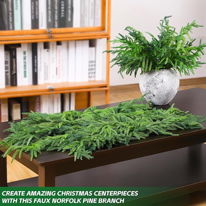 Jutom 6 Pcs 18 Inch Christmas Norfolk Pine Branches, Lifelike Bendable Non-Shedding Greenery Stems Faux Pine Picks for Christmas Mantel Centerpiece Garland Wreath and Holiday Decor