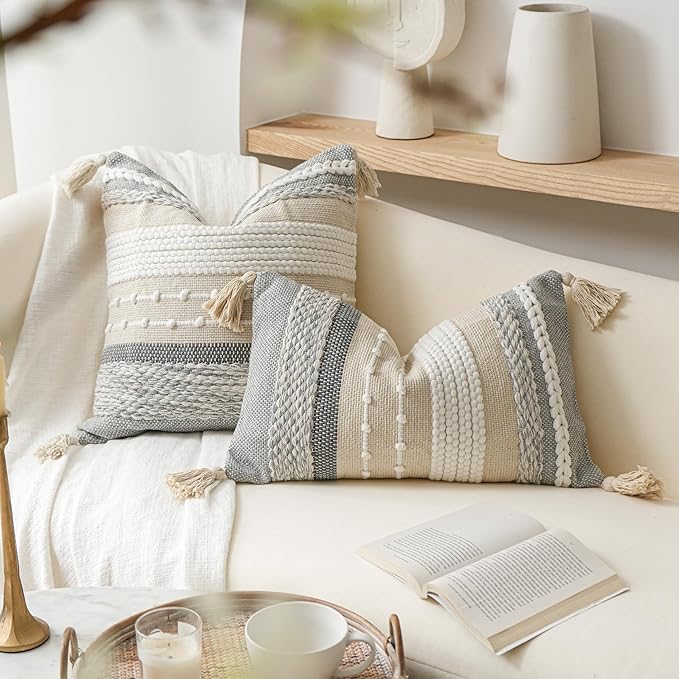BlissBlush Decorative Lumbar Throw Pillow Cover 14x24 Boho Gray Accent Cushion for Couch Sofa Farmhouse Pillowcase for Bedroom Living Room Home Décor Cover ONLY