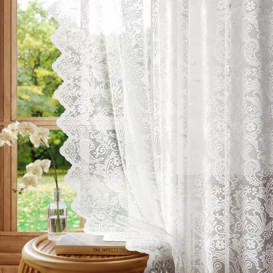 63-Inch Pure White Lace Sheer Curtains – Vintage Floral Lace for Living Room/Bedroom, Light Filtering Rod Pocket Drapes, Privacy Chic Window Treatments Scalloped Edge, 52W x 63L Inch, 2 Panels