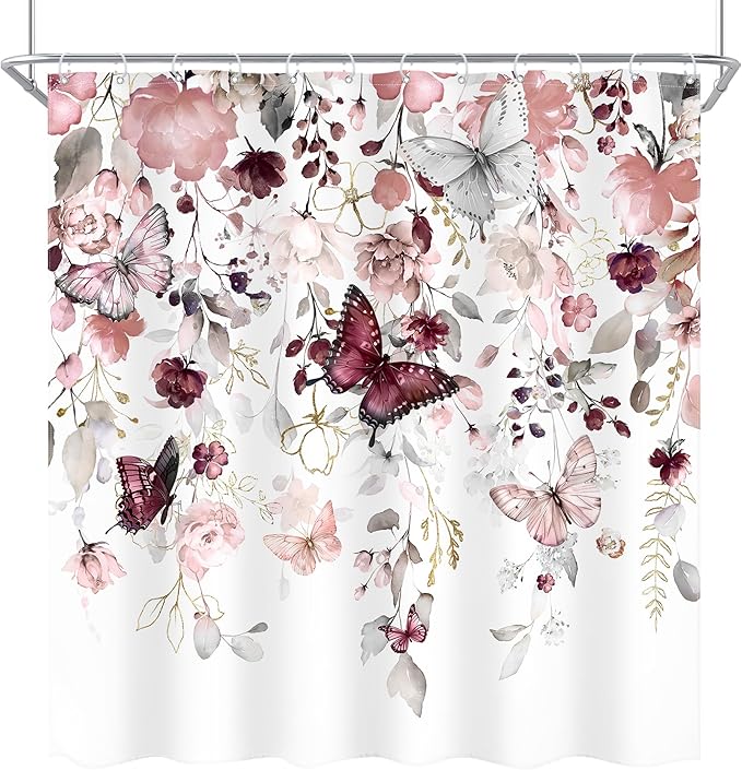 Grey Pink Floral Butterfly Shower Curtain 72Wx72L Inch Spring Summer Plant Natural Gold Green Leaves Botanic Bathroom Set Country Woman Girl Elegant Bath Curtain Bathtub Accessories Home Decor
