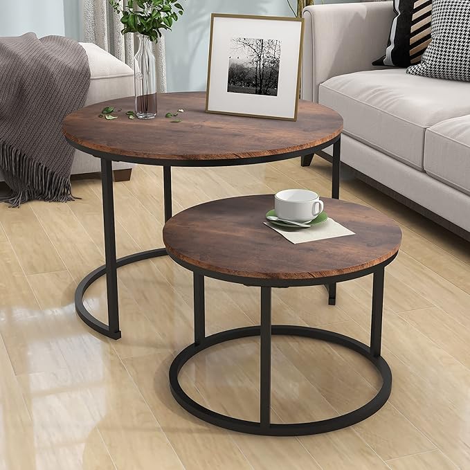 HOJINLINERO Industrial Round Coffee Table Set of 2 End Table for Living Room,Stacking Side Tables, Sturdy and Easy Assembly,Wood Look Accent Furniture with Metal Frame,Black+Rustic Brown