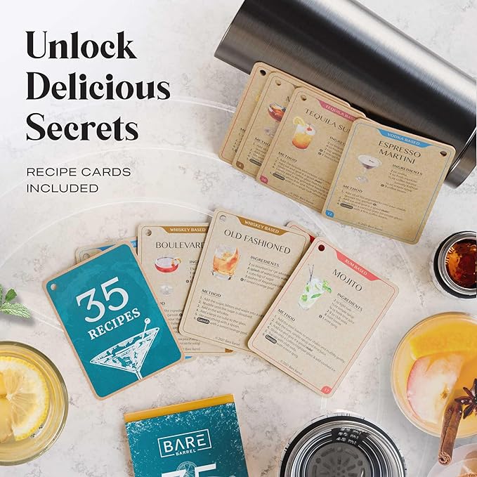 Insulated Cocktail Shaker Set | Double Wall Stainless Steel | Martini Shaker for Home Bar Bartending | Built-in Drink Measurement System & Strainer, Travel Bag, 35 Recipes | Gift Set (Slate Gray)