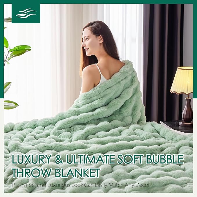 Luxury 1000GSM Faux Rabbit Fur Throw Blanket, Super Heavy Warm Cozy Blankets for Couch Bed Sofa, Bubble Plush Fuzzy Elegant Soft Reversible Mink Blanket for Living Room Bedroom, Green
