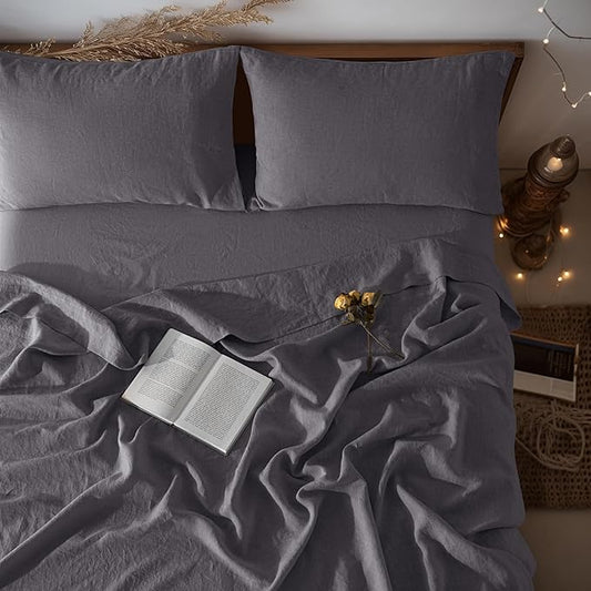 LBRO2M 100% Linen Sheet Set 19" Deep Pocket Full Size,Bed Sheets 4 Piece Sets,Solid Color Natural Flax Bed Sheets Soft Breathable Bedding, All Season (Full, Dark Grey)