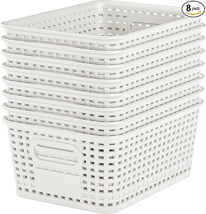 White Plastic Storage Baskets - Pack of 8 with Labels Stackable Durable Storage Bins, Storage Containers for Organizing Desktops, Closets, Playrooms, Classrooms, Offices