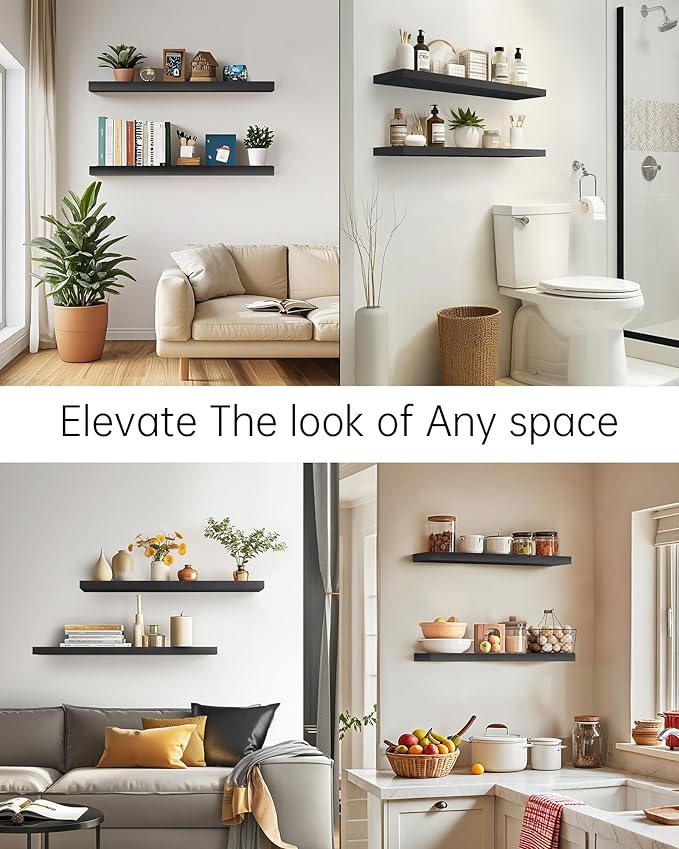 BAYKA Floating Shelves, 36 inch Wall Mounted Rustic Wood Shelves for Bathroom, Bedroom, Living Room, Kitchen, Office, Hanging Shelf for Books/Storage/Decor(Black,Set of 2)