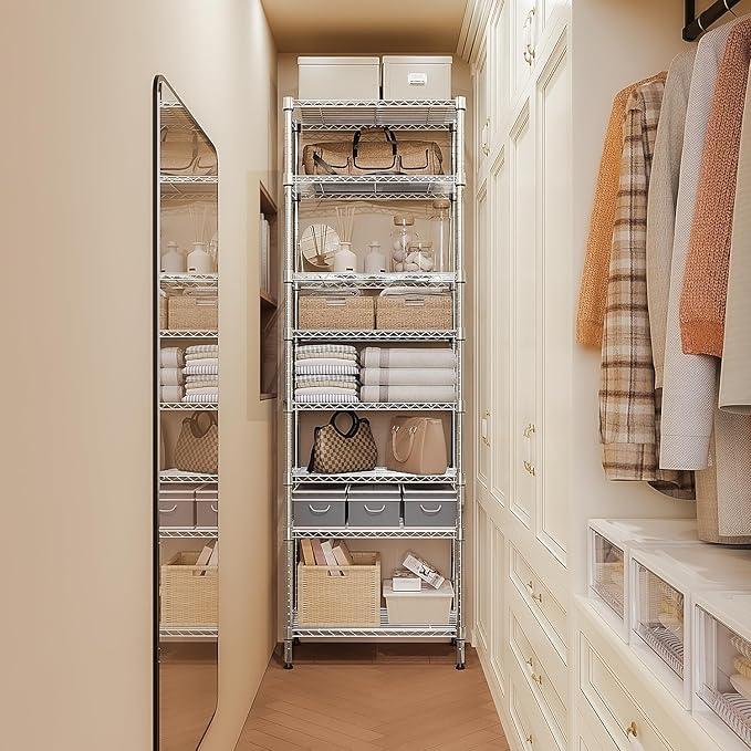 8 Tier 2000 lbs Storage Rack Metal Wire Shelving Unit, Storage Standing Shelf Organizer for Laundry Bathroom Kitchen Pantry Closet Garage Utility Room, Chrome 13.8" D x 23.6" W x 79.5" H