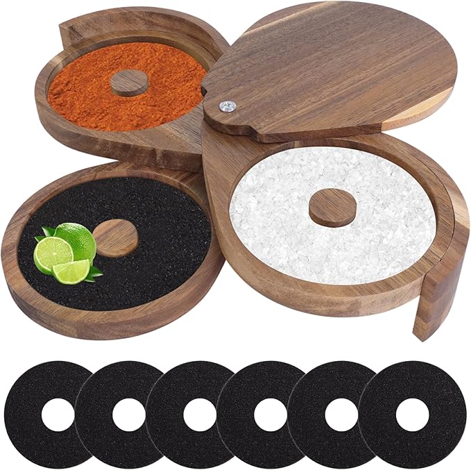 Margarita Salt Rimmer Set 3-Tier Acacia Wood Bar Glass Rimmer with Lid & 6 Sponges Perfect for Margaritas, Bloody Marys, Manhattans Ideal for Home Bars & Parties Brown