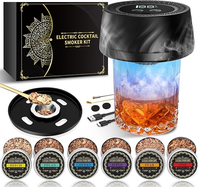 Electric Whiskey Smoker Kit with 6 Wood Chips, Built-in Lighter, Cocktail Old Fashioned Bourbon Drink Smoker Kit, No Butane Needed, Stocking Stuffers Christmas White Elephant Gifts for Adults Men