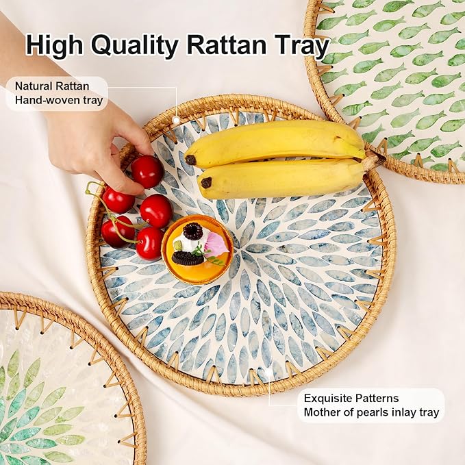 Round Rattan Tray with Mother of Pearl Inlay, Rattan Serving Tray for Coffee, Bread, Fruits, Decorative Wicker Tray for Table Decor, Home Decor, Kitchen Island Decor (Light Blue Leaf, 11.8")