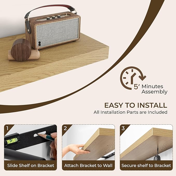 RICHFOCUS 48Inch Floating Shelves for Wall 2 Pack Shelves for Bedroom|Kitchen|Bathroom Wall Mounted Rustic Wood Floating Shelf with Invisible Brackets for Books|Storage|Decor, Oak