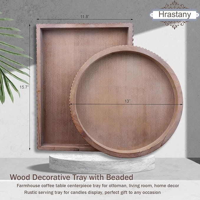 Wood Decorative Tray, Distressed Outdoor Serving Tray with Wooden Bead for Ottoman, Coffee Table, Entertaining, Home Decor, Rectangular 15.7”*11.8”*1.57” (Retro Brown)
