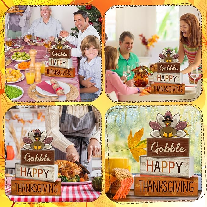 4 Pcs Fall Decorations for Home Thanksgiving Tiered Tray Decor Fall Table Decor Thanksgiving Centerpiece Rustic Wooden Turkey Block Sign for Autumn Harvest Party Table Kitchen Shelf
