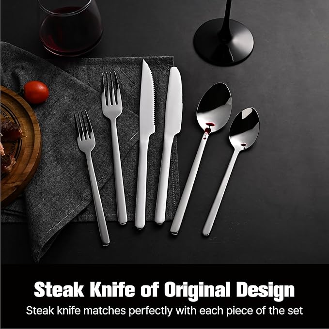 KINGSTONE 48-Piece Silverware Set with Steak Knives, Flatware Set for 8, Stainless Steel Tableware Cutlery Set for Home Restaurant, Mirror Finish,Modern Design